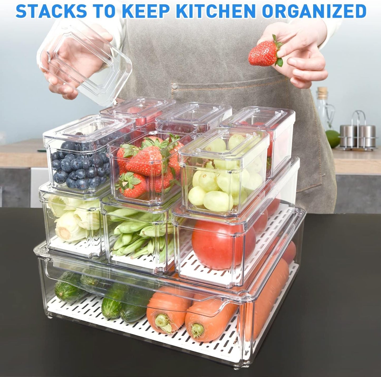 10 Pack Fridge Organizer, Stackable Refrigerator Bins with Lids, Bpa-Free Produce Fruit Storage Containers for Fridge, Clear for Food, Drinks, Vegetable