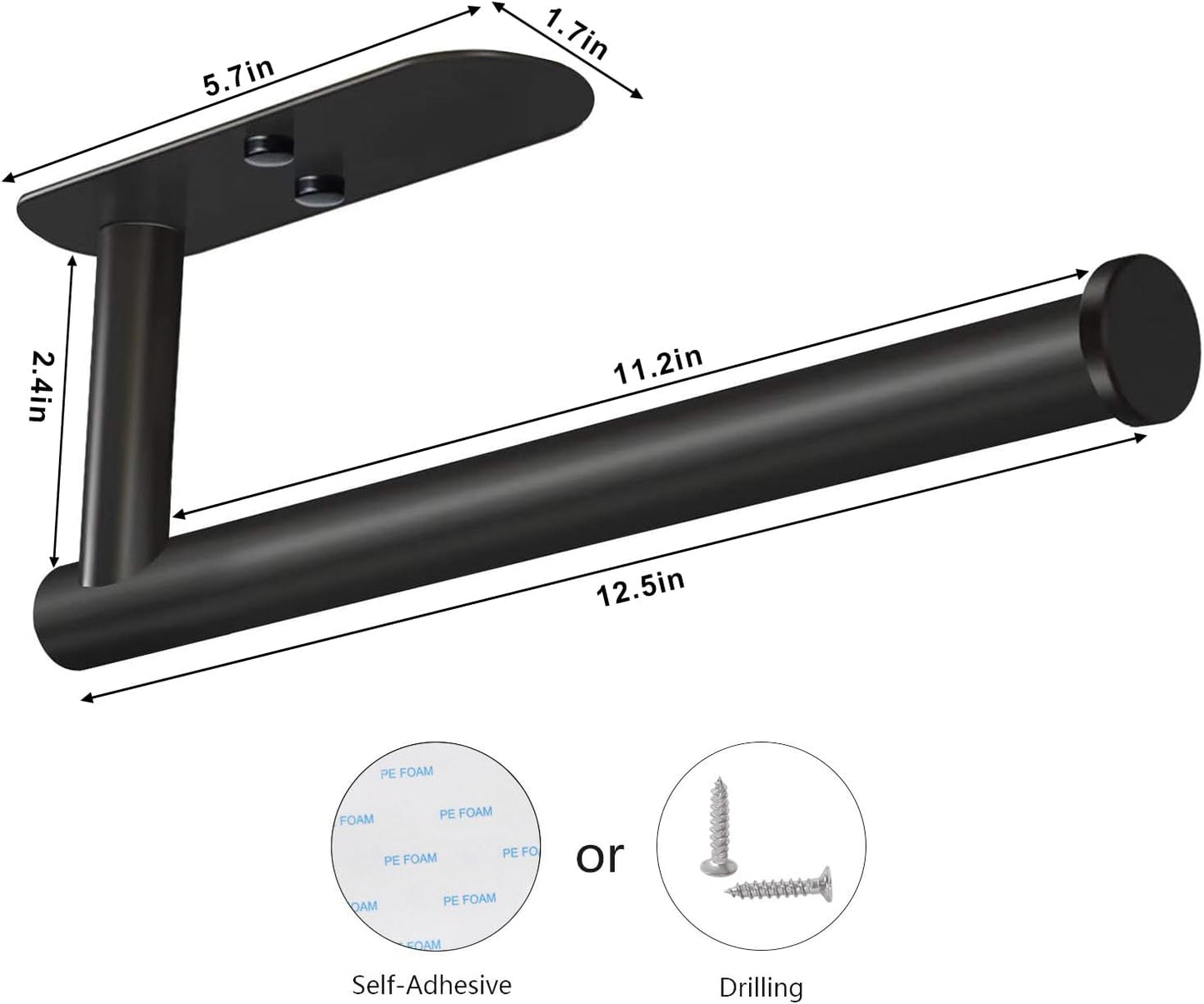 Adhesive Paper Towel Holder under Cabinet Wall Mount for Kitchen Paper Towel, Black Paper Towel Roll Holder Stick to Wall, SUS304 Stainless Steel（Black）