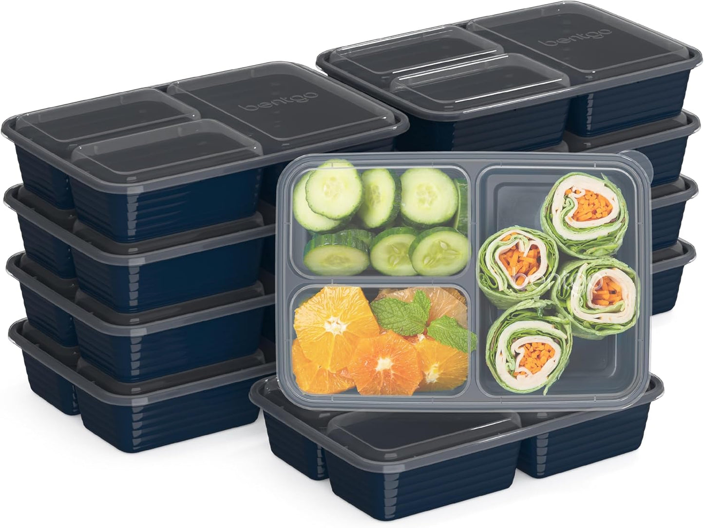 20-Piece Lightweight, Durable, Reusable Bpa-Free 3-Compartment Containers - Microwave, Freezer, Dishwasher Safe - Navy Blue