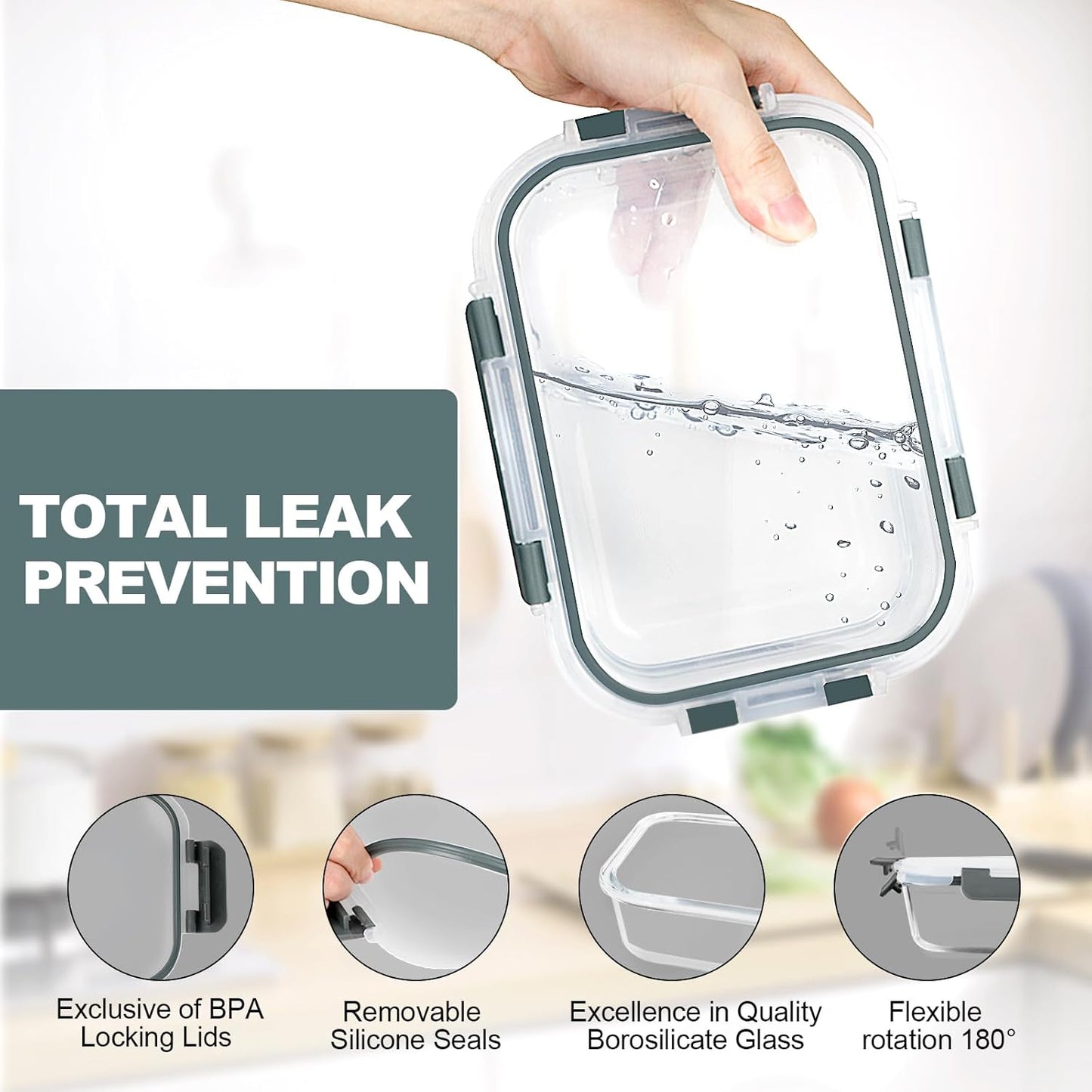 10 Pack Glass Meal Prep Containers, Airtight Glass Lunch Containers, Stackable Glass Food Storage Containers Set with Lids,Exclusive of Bpa,For Microwave, Oven, Freezer & Dishwasher,Grey