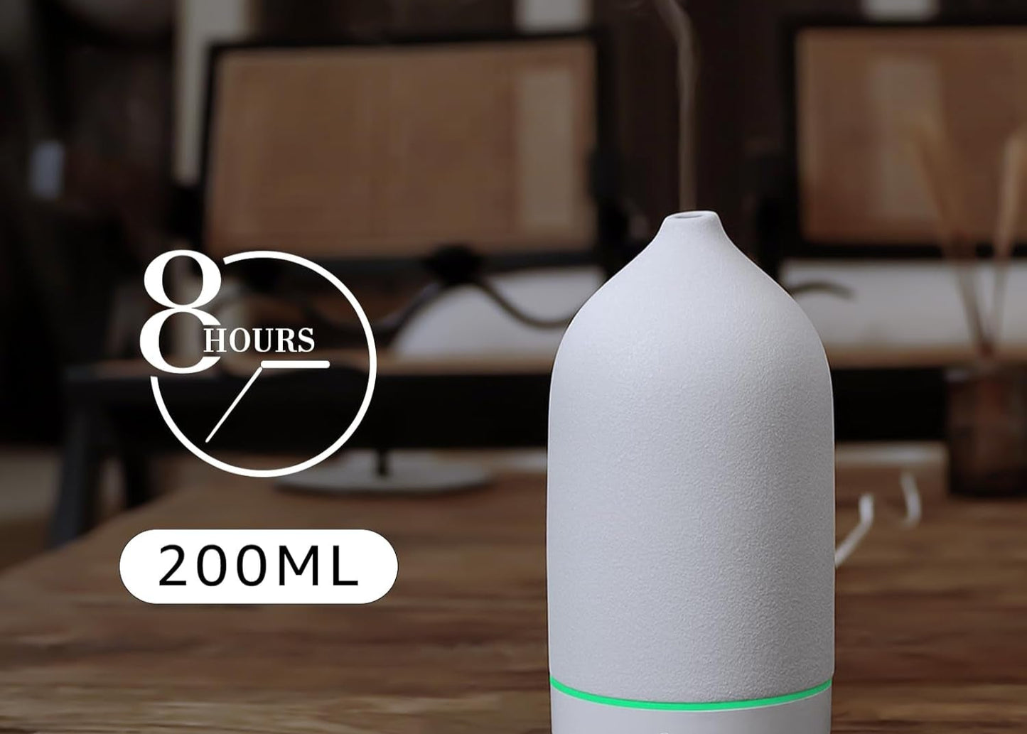 200ML Ceramic Diffuser,Aromatherapy Diffuser,Essential Oil Diffuser with 7 Color Lights Auto Shut off for Home Office Room, White Base (1/3/6/ON Hrs Working Time)