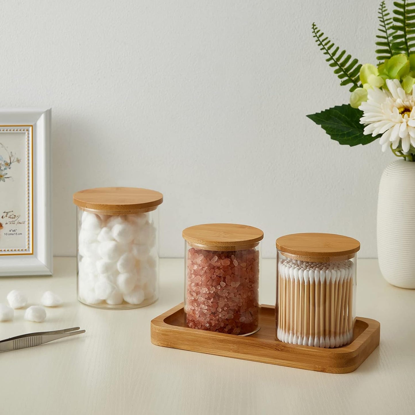 Glass Qtip Holder Dispenser with Bamboo Lid - 2 Pack Apothecary Jars - Cotton Balls Pads Swabs Holder Jar - Bathroom Vanity Canisters Jars for Countertop Storage and Organization