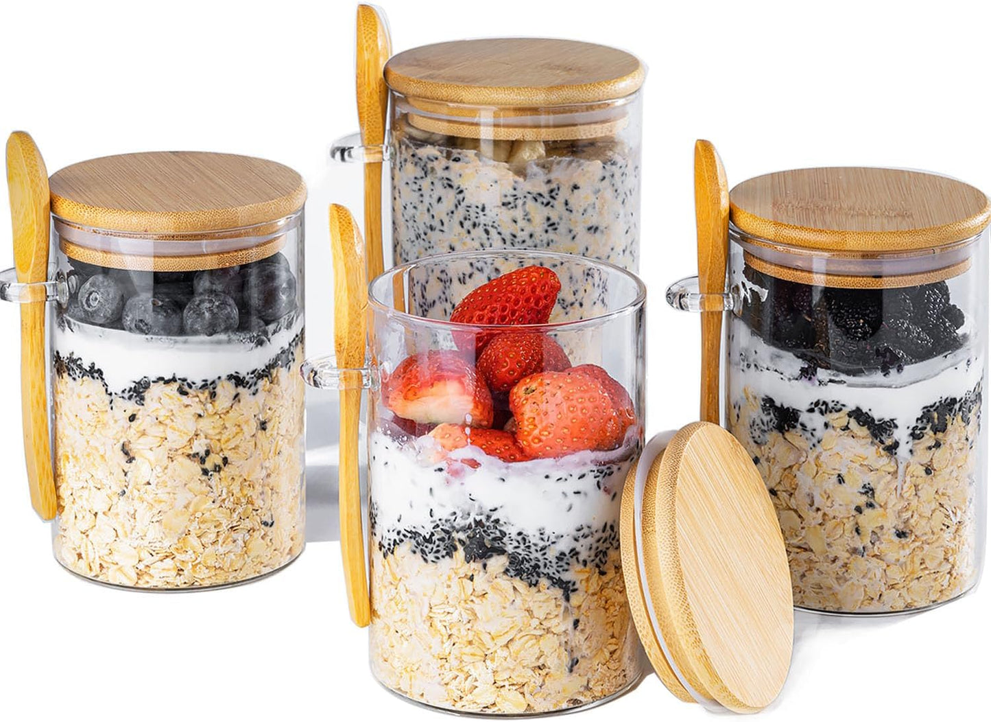 Overnight Oats Jar, Meal Prep Containers with Lids, 16Oz Oats Jar Glass, Overnight Oats Containers with Lids, Pudding Cups, Oatmeal Cups,Oatmeal Jar