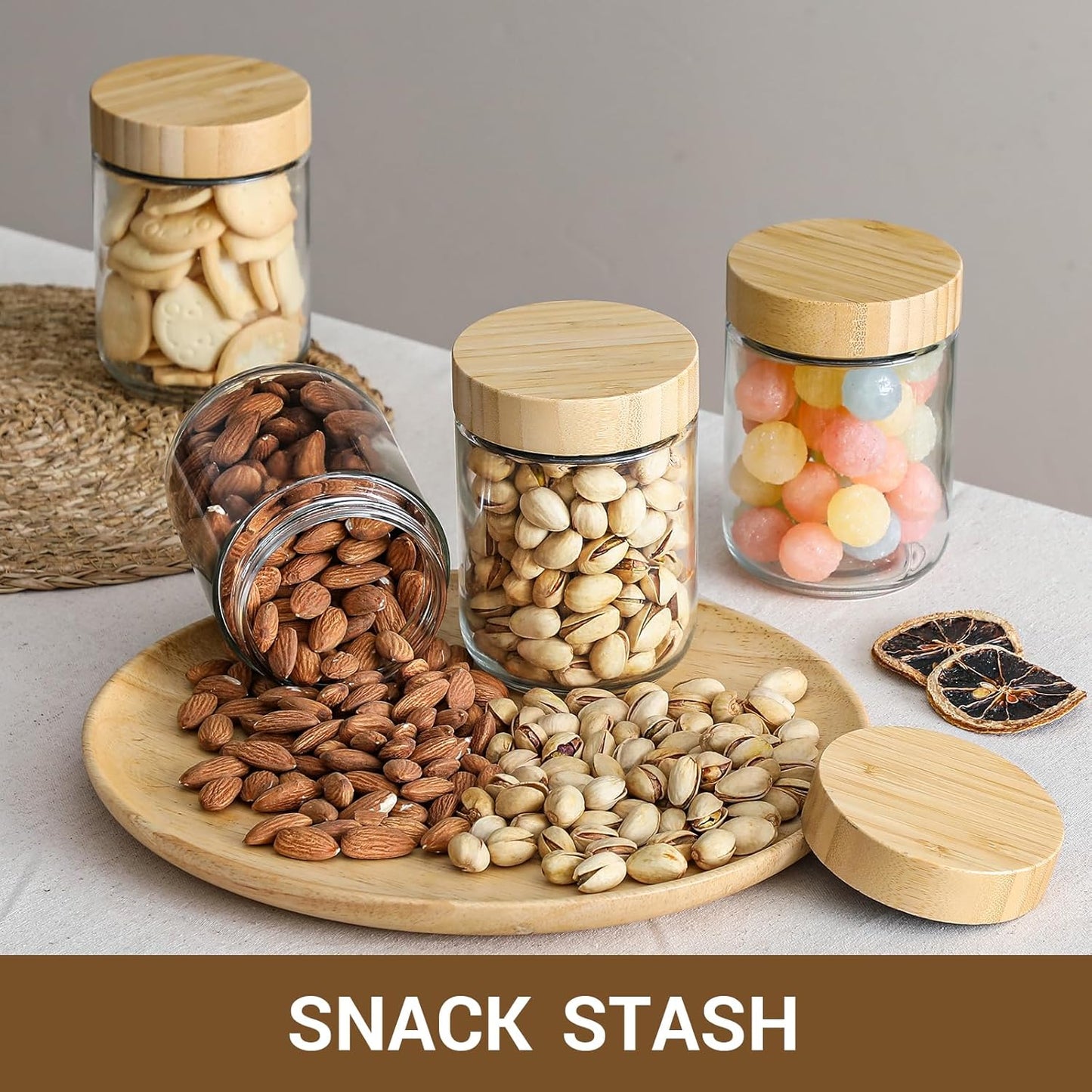 4-Pack 16Oz Glass Jars with Airtight Lids, Overnight Oats Containers with Bamboo Lids, Wide Mouth Mason Salad Jars, Glass Food Storage Containers for Snacks Yogurt Spice Sugar