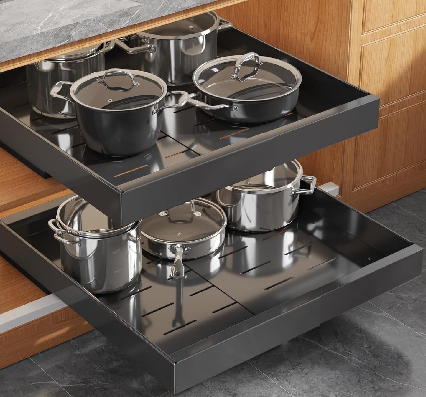 1 Pack Expandable Pull Out Cabinet Organizer 21"Deep with Raising Pad for Framed Cabinets,Upgrade 3 Slide Rails Slide Out Drawers,No Drill Roll Out Shelves,Adjustable Width 12.1"-20.4" Black