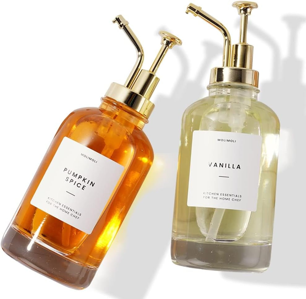 Coffee Syrup Dispenser for Coffee Bar, Coffee Pump Dispenser, Glass Syrup Bottle W. Pump, 16.9 Oz 500 Ml, Set of 2, Gold Upgraded Pump