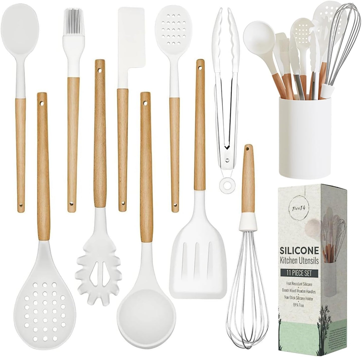 White Silicone Cooking Utensils Set Non Toxic - 11 Pcs Nonstick Kitchen Utensils Set with Holder - Heat-Resistant, BPA Free Spatula Set with Heat Resistant Wood Handles for Nonstick Cookware