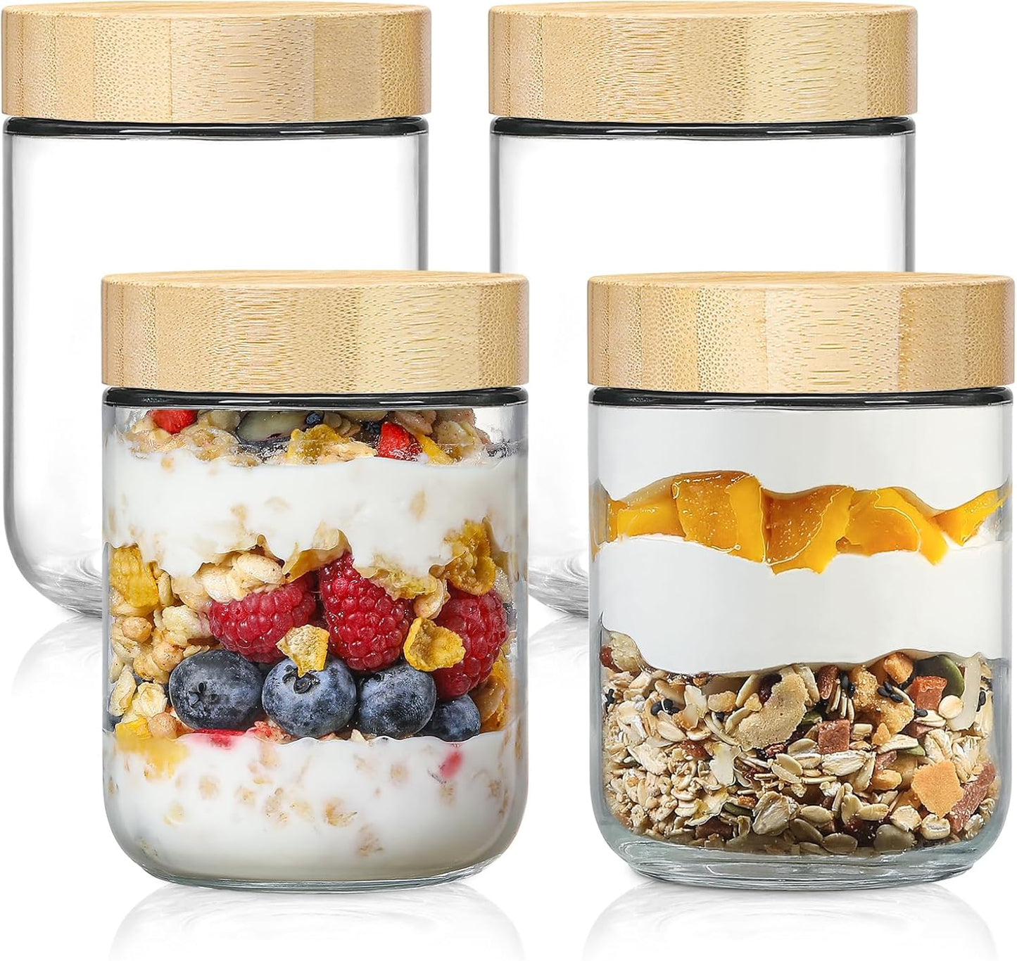 4-Pack 16Oz Glass Jars with Airtight Lids, Overnight Oats Containers with Bamboo Lids, Wide Mouth Mason Salad Jars, Glass Food Storage Containers for Snacks Yogurt Spice Sugar