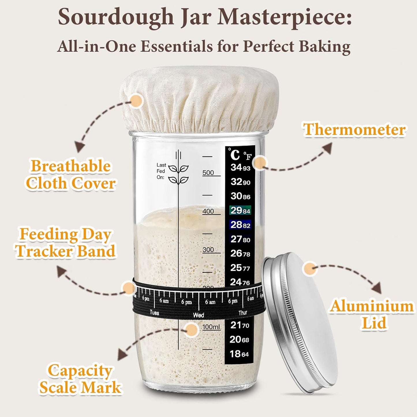 Glass Sourdough Starter Jar 2 Pack, 24 Oz Wide Mouth Organic Sourdough Starter Kit with Date Marked Band, Thermometer, Cloth Cover & Metal Lid, Reusable Bread Baking Supplies, Bread Making Accessories