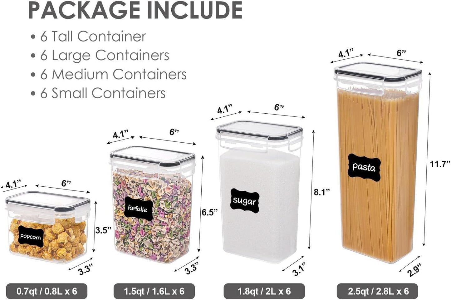 Airtight Food Storage Containers with Lids,  24 Pcs Plastic Kitchen and Pantry Organization Canisters for Cereal, Dry Food, Flour and Sugar, Includes 24 Labels，Black
