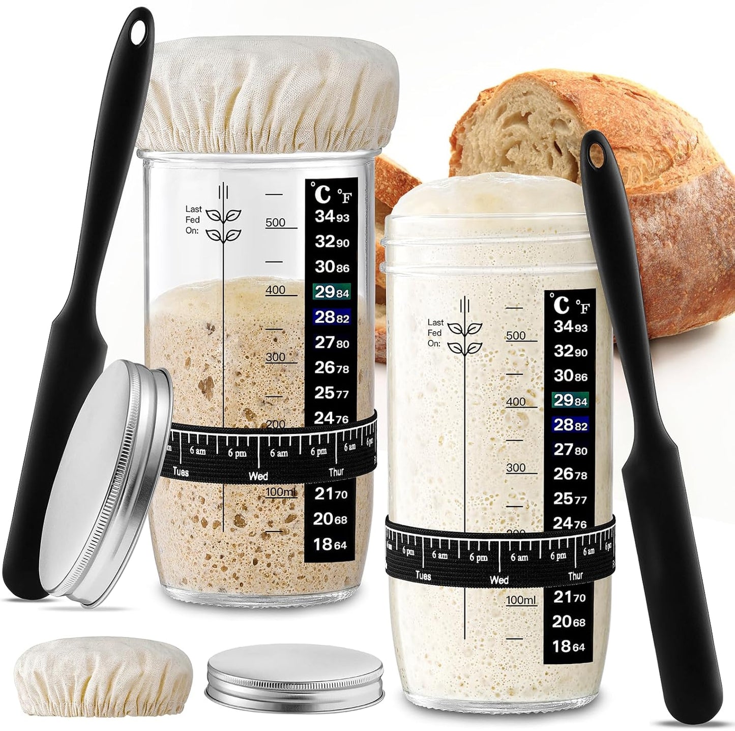 Glass Sourdough Starter Jar 2 Pack, 24 Oz Wide Mouth Organic Sourdough Starter Kit with Date Marked Band, Thermometer, Cloth Cover & Metal Lid, Reusable Bread Baking Supplies, Bread Making Accessories