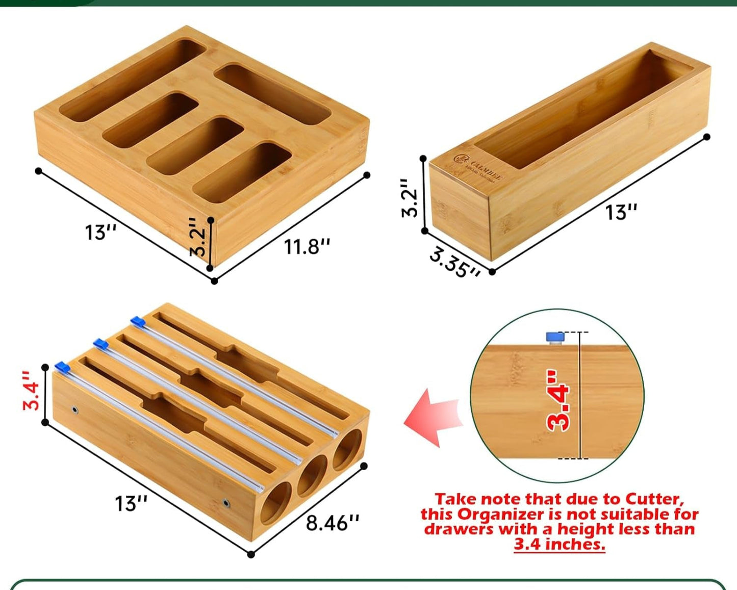 9 in 1 Storage Bag Organizer for Kitchen Drawer, Bamboo Foil and Plastic Wrap with Cutter, Organizers Compatible Gallon, Quart, Sandwich Snack Size